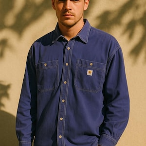 Rare vintage Hardcore World Review indigo blue work shirt with oversized double chest pockets long sleeve utility cotton button up M