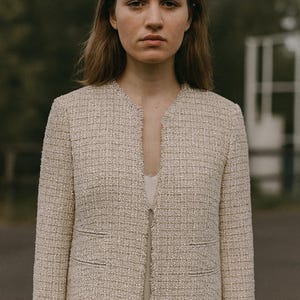Blazer vintage da donna in tweed di mango, beige chiaro, con texture crema, manica lunga, aperto sul davanti, stile casual da ufficio di classe XL