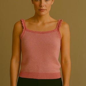 Handmade Pink Knit Tank Top: Cottagecore Ruffled Straps