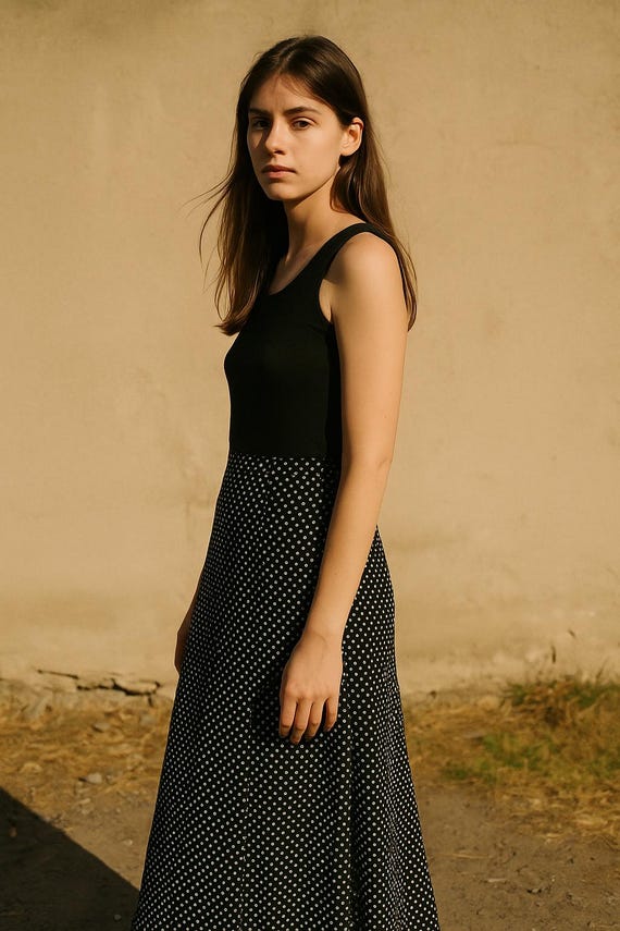 Black Midi Skirt 50s Style Vintage Black White Polka Dot Midi