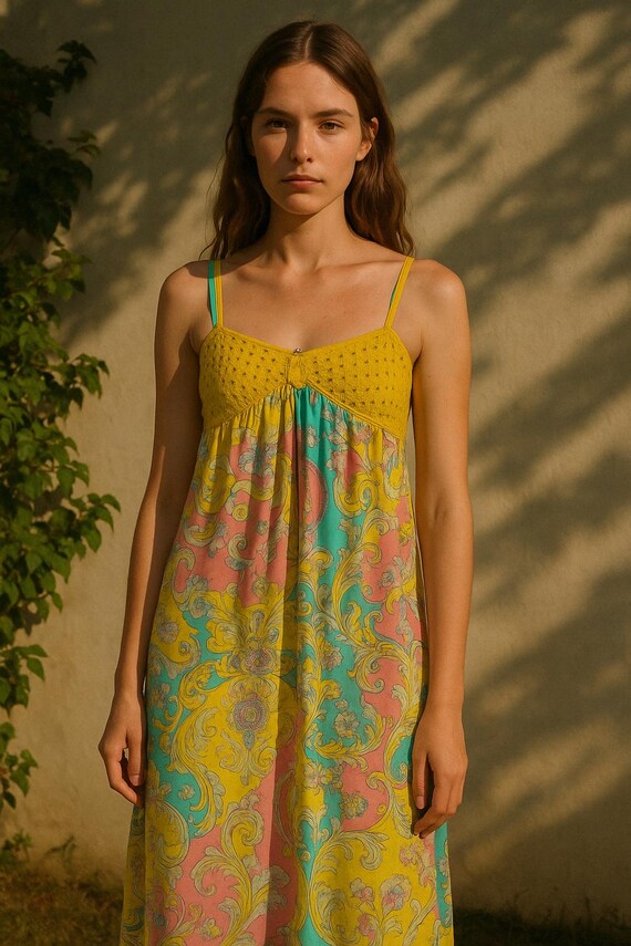 Maxi-jurk met pastelkleurige bloemen boho: zomerjurk van gehaakt