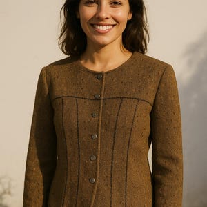Amuleti Mariella Burani Italian wool tweed brown fitted blazer jacket vintage button up coat