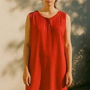 Handmade Red Cotton Blend Dress: Sleeveless Midi with Button Detail