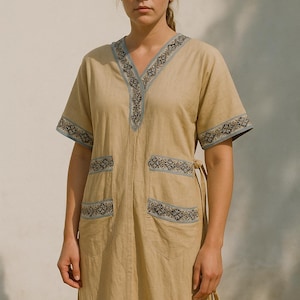 Vintage handmade kaftan dress with ethnic trim beige cotton blend robe style boho maxi dress folk embroidered loungewear S M