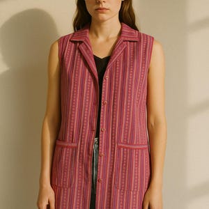 Vintage Cotton Vest Dress: Pink Floral Stripe Boho Layering Piece
