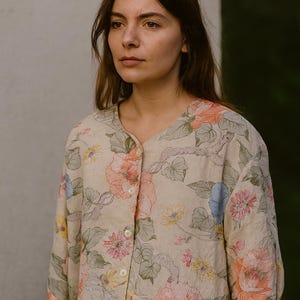 Vintage Floral Print Linen Blouse: Pastel Cottagecore Shirt