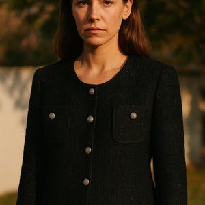 Vintage black tweed blazer metallic sparkle jacket by Atalar silver button front pocket elegant formal evening women’s classic style