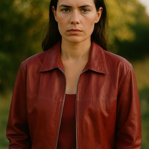 veste en cuir vintage KOÇ rouge bordeaux style minimaliste zip frontal manteau pour femme en cuir véritable des années 90 mode Casa de la Piel taille 44