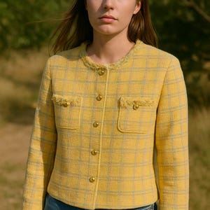 Handmade Pastel Yellow Tweed Blazer: Raw Hem, Gold Buttons, Pink Lining