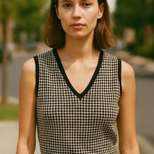 Lauren Ralph Lauren houndstooth knit sweater vest in black and cream cotton lambswool blend, preppy academia style sleeveless top