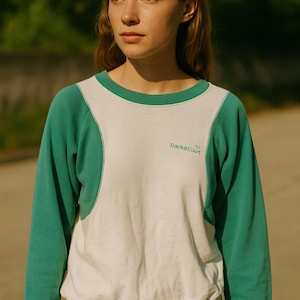 Moletom vintage dos anos 80 para atletismo, verde e branco, com blocos de cores, tamanho médio, unissex, estilo tênis, gola redonda retrô