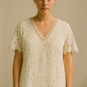 Rare vintage white lace dress with pearl embellished V neck floral embroidery short sleeves romantic boho style