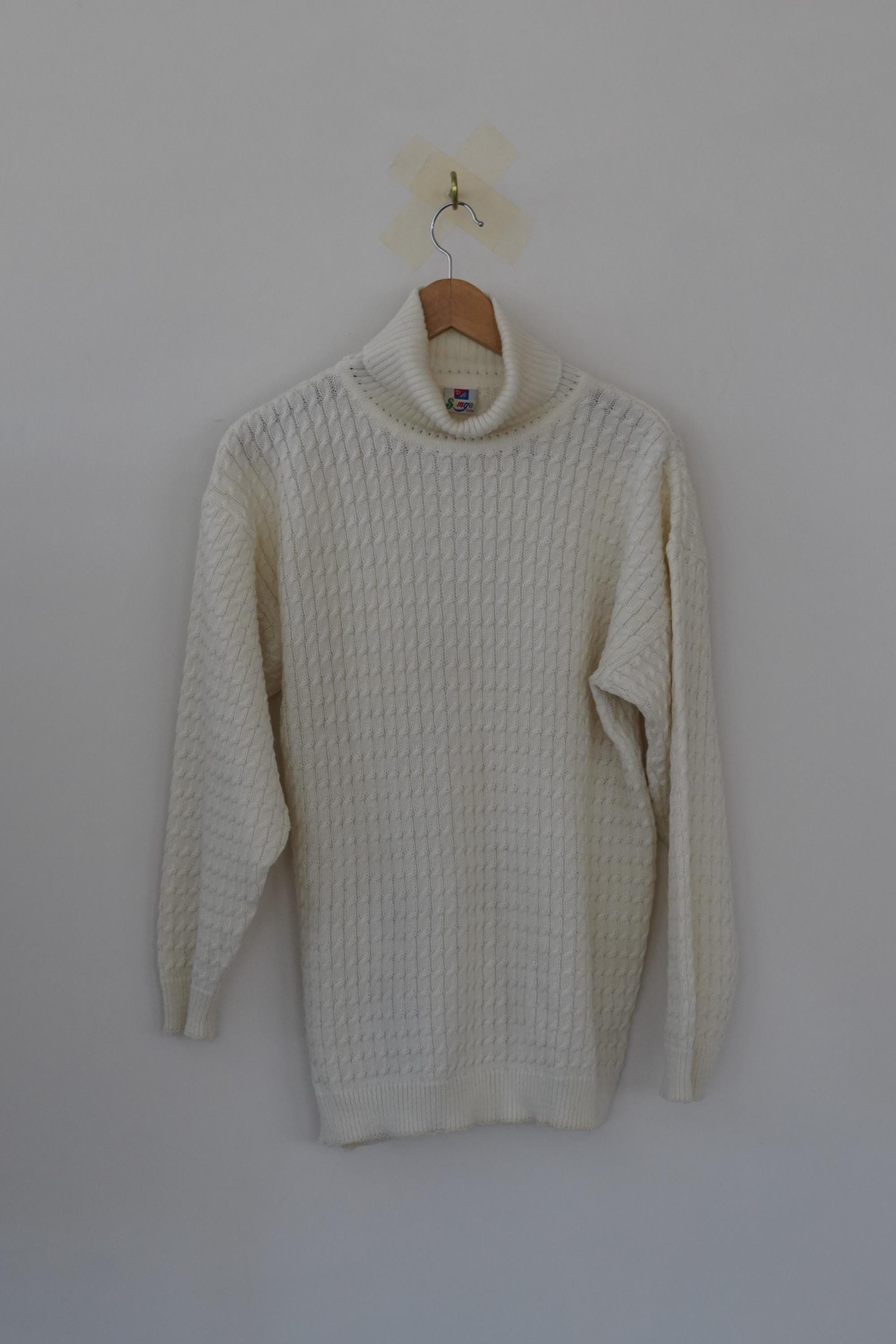 Vintage 80s White Cable Knit Turtleneck Sweater Simge Triko