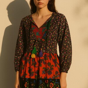 Vintage Bohemian Floral Patchwork Maxi Dress with Tassels