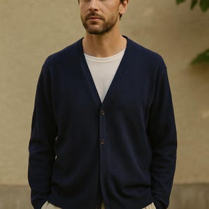 Vintage Dalmine Italian wool cardigan navy blue men’s v neck sweater classic button front knitwear size 52 made in Italy