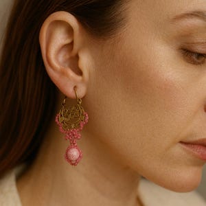 Handmade Boho Crochet Earrings: Pink Floral Bead Dangle, Brass Filigree