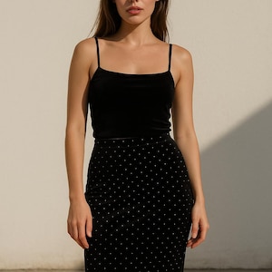 Black Velvet Pencil Skirt: Gold Studded Y2K Party Glam