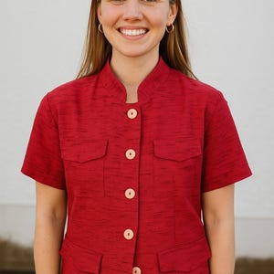 Vintage Cherry Red Mandarin Collar Jacket: Minimalist Retro Blazer