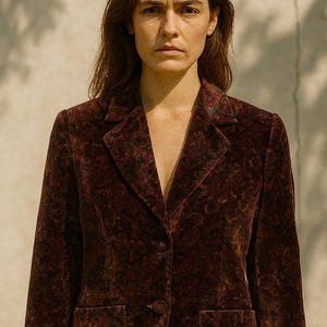 Ayla Dümer Velvet Blazer: Burgundy Jacquard Designer Jacket, Size 38