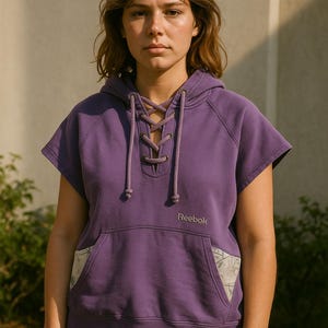 Vintage Reebok purple lace up hoodie sleeveless sweatshirt with printed lining size M athletic sporty Y2K streetwear