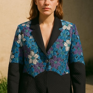 Vintage 80s Thai silk floral jacket XL size quilted statement blazer blue purple cream flower print made in Thailand retro coat