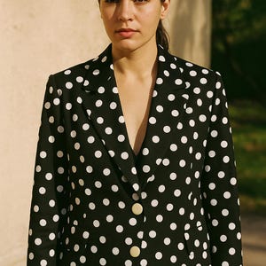 Blazer noir de créateur personnalisé à pois blancs audacieux taille 48 Veste fabriquée à la main sur mesure, pièce tendance rétro chic