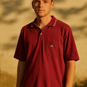 Vintage burgundy polo shirt by Pen with striped collar and pocket logo retro 90s short sleeve unisex casual top size 3