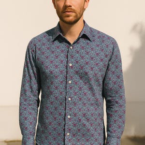 Vintage long sleeve shirt with blue purple floral pattern lightweight cotton button up retro style