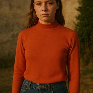 Orange Glitter Turtleneck Top: Retro Sparkle Long Sleeve Shirt
