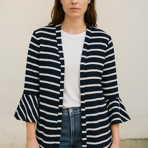 Navy and white striped open front cardigan with ruffle bell sleeves casual lightweight knit layering piece size large