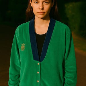 Vintage Emerald Green Velour Jacket: 80s Embroidered Crest Cardigan