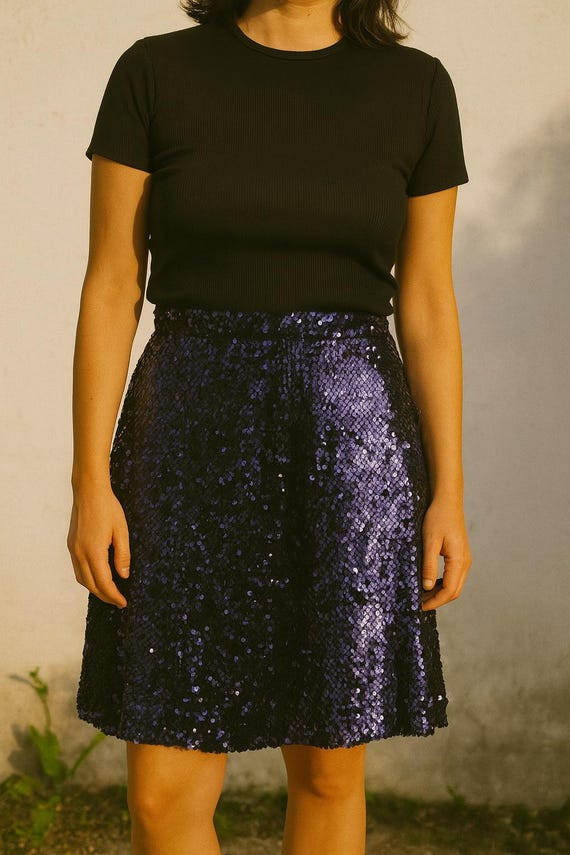 Vintage Purple Black Sequin Midi Skirt Medium Retro 80s 90s High