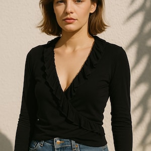 Lauren Ralph Lauren Black Ruffle Blouse: Sheer Cuff Wrap Top