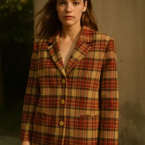 Vintage 80s Wool Blend Plaid Blazer: Red & Beige, Size Medium