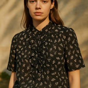 Vintage Sheer Black Floral Blouse: Handmade Romantic Ruffle Top