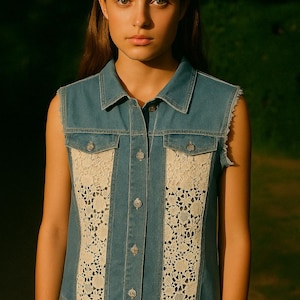 Boho Denim Vest: Vintage Floral Lace Jean Jacket, Medium