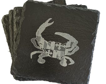 Engraved Maryland Blue Crab Slate Coasters: Coastal Barware (Set of 4)