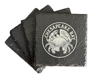 Maryland Crab Slate Coaster Set: Chesapeake Bay Map, Laser Engraved