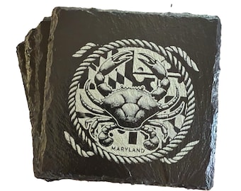 4 Pack Of Engraved Maryland Crab Slate Coaster – Rustic Coastal Drinkware, Chesapeake Bay Gift -