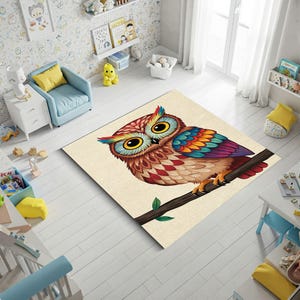 Alfombra colorida de búho en rama: alfombra infantil caprichosa, alfombra de búho, alfombra colorida, alfombra de dibujos animados, alfombra para habitación infantil, alfombra para sala de juegos, alfombra con temática de animales