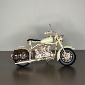 Handmade Cream Metal Motorcycle Figurine, 18cm x 9cm, Vintage Bike Decor, Rustic Motorcycle Statue, Collectible Miniature Model, antique