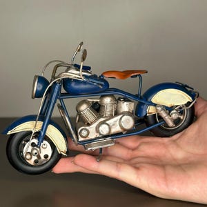 Handmade Blue & Cream Metal-Brass Harley Davidson Model, Vintage Motorcycle Figurine, Collector’s Miniature, Biker Gift, Retro Bike Decor