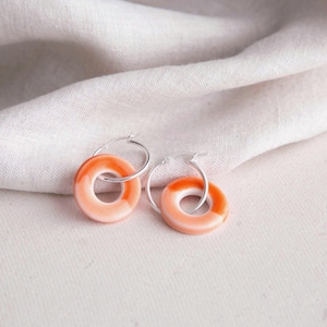 Peach & Coral-Orange Porcelain on Sterling Silver Hoops – Ceramic Circle Earrings – Lightweight Minimal Jewellery – 18th Anniversary Gift