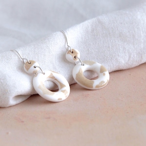 Porcelain Terrazzo Earrings – Handmade Ceramic Drop Earrings – Natural Clay and White – 18th Anniversary Gift – Minimalist Jewellery UK
