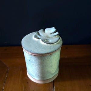 Peut inclure: Un pot cylindrique en céramique avec un vernis moucheté vert clair et un couvercle assorti. Le couvercle présente un détail en relief sculpté en forme de feuille de monstera. La base du pot et le bord du couvercle révèlent la texture naturelle.