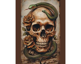 Vintage Skull and Snake Poster, Bohemian Wall Art, Gothic Home Decor, Edgy Room Decoration, Unique Gift Idea