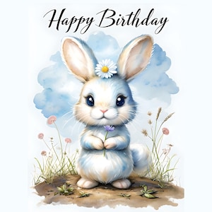 Puede incluir: Un conejito blanco con ojos azules y una margarita en la cabeza está sosteniendo una flor morada. El conejito está de pie en un campo de hierba y flores con un cielo azul de fondo. El texto "Happy Birthday" está escrito encima del conejito.