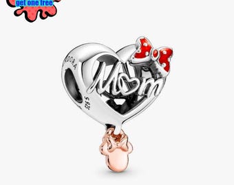 Disney Minnie Mouse Mom Heart Charm, Sterling Silver Double Pendant, Mother’s Day Jewelry Gift, fits Pandora Bracelet Charm, Silver charm