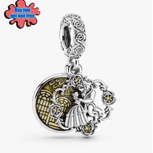 Disney Beauty and the Beast Dancing Dangle Charm, Belle and Beast Fairytale Pendant, Romantic Disney Jewelry, fits Pandora Bracelet Charm,