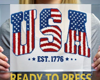 Chenille Patch USA Est 1776 DTF Transfer, Faux Towel Embroidery Ready to Press